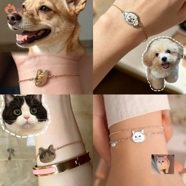custom pet portrait silver double chain bracelet